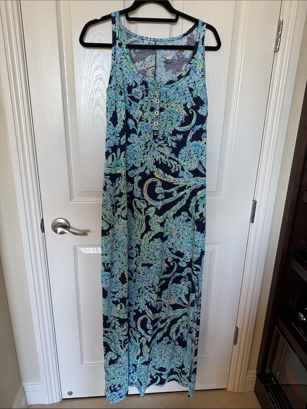 Lilly Pulitzer Navy Maxi Dress with Aqua and Seafoam Floral Print